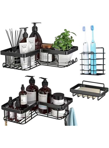 Beauenty Corner Adhesive Shower Caddy Shelf with Soap＆Toothbrush Holder, 4 Pack Rustproof Stainless Steel Bathroom Organizer, No Drilling Wall Mounted Rack, Black (D)