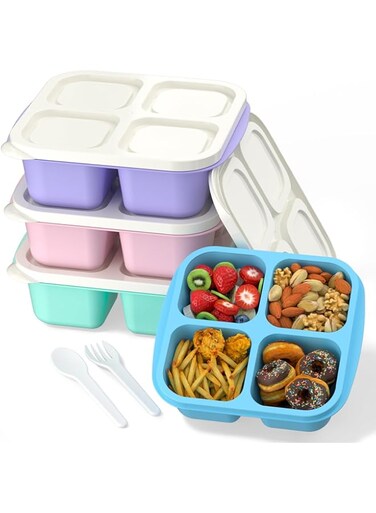 Azonee 4 Pcs Bento Box, 4-Compartments Bento Lunch Box with Lid, Reusable BPA-Free Bento Box for School, Work and Travel, Snack Storage Box with 10 Small Fork, a Pair of Fork and Spoon