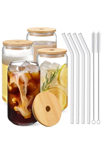 Drinking Glasses with Bamboo Lids and Glass Straw 4 pcs Set - 16 oz Can Shaped Glass Cups,Beer Glasses,Iced Coffee Glasses,Tumbler Cup,Ideal for Cocktail