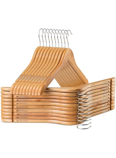 ZOBER Wooden Suit Hangers (10 Pack) Non Slip Shoulder Pads, Strong &amp; Solid Wood Hanger, Shoulder Notches, Coat Hanger, Non Slip Coat Hanger for Dress/Tops, Space Saving Clothes Hanger, 360&deg; Hook