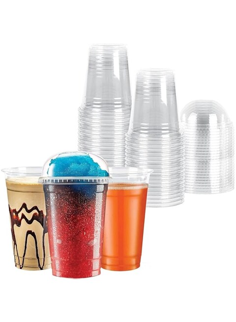 HTE Juice Cup With Dome Lid Clear Strong Disposable 100 Pieces - Ideal for iced coffee, smoothies, Bubble Boba tea, milkshakes, frozen cocktails, water, sodas, juices, dessert and more. (12 Oz)