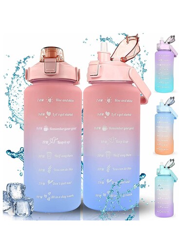 Bottle, 2l Inspirational Water Bottle, Sports Drink, Fitness Straw, Large Capacity Straw Water Bottle with Straw, Label, And Fixing Strap, Reusable Leak Proof Water Bottle (Pink Blue)