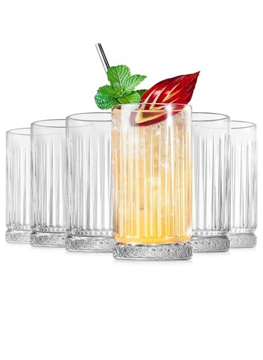 Highball Glasses 14 fl.oz,Set of 6, Lead-free Drinking Glasses with Heavy Base,Premium Collins Tumblers for Water/Juice/ Cocktails/Beverages,Beautiful Striped Look Glassware,Dishwasher Safe