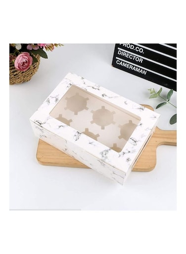 12-Piece 6-Cavities Kraft Paper Cupcake Box With Inserts Marble/Clear 24cm