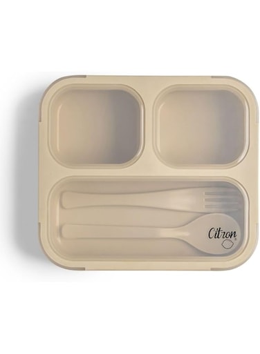 Citron- Bento Box Lunchbox comes with Fork and Spoon   Snack and Portion Control Containers for Kids &amp; Adults   Leakproof and BPA Free- Beige