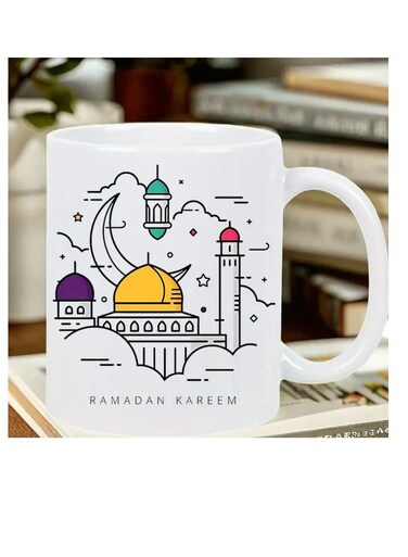 Ramadan Kareem Insulated Ceramic Mug &acirc;&euro;&ldquo; Festive White Coffee Cup with Crescent Moon &amp; Lantern Design