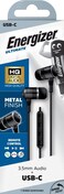 Energizer Uil30 In-Ear Wired Headphones 3.5mm AUX + Type-C Adapter, Metallic Stereo Earbuds With Mic, Call, Music Buttons, For Apple iPad, Android, And Devices With 3.5mm Port, Black