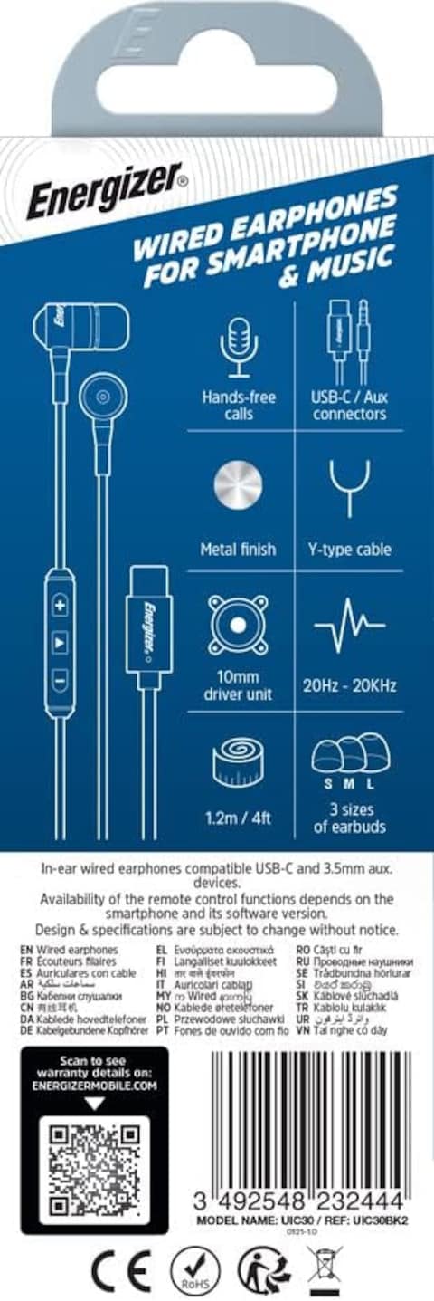 Energizer Uil30 In-Ear Wired Headphones 3.5mm AUX + Type-C Adapter, Metallic Stereo Earbuds With Mic, Call, Music Buttons, For Apple iPad, Android, And Devices With 3.5mm Port, Black