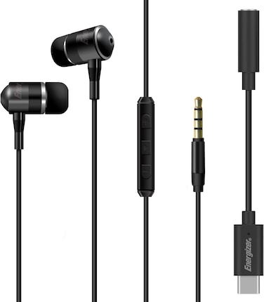 Energizer Uil30 In-Ear Wired Headphones 3.5mm AUX + Type-C Adapter, Metallic Stereo Earbuds With Mic, Call, Music Buttons, For Apple iPad, Android, And Devices With 3.5mm Port, Black