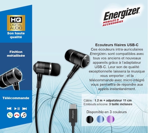 Energizer Uil30 In-Ear Wired Headphones 3.5mm AUX + Type-C Adapter, Metallic Stereo Earbuds With Mic, Call, Music Buttons, For Apple iPad, Android, And Devices With 3.5mm Port, Black
