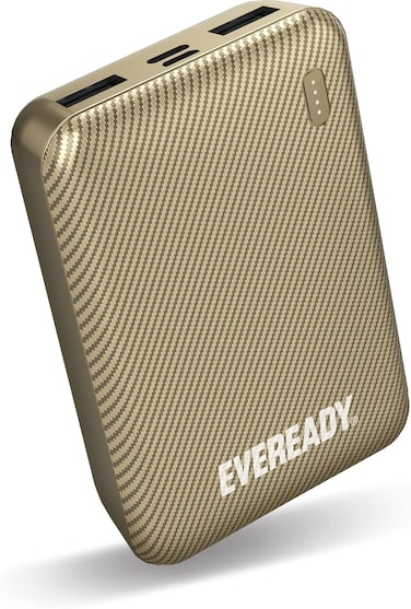 Energizer Eveready Fast Charger Portable Power Bank Mini 10000mAh, Compact Battery With Charge Indicator, 1X USB-C, 1X Micro USB, 2X USB-A, For Apple iPhone, iPad, Airpods, Android, Samsung, Gold