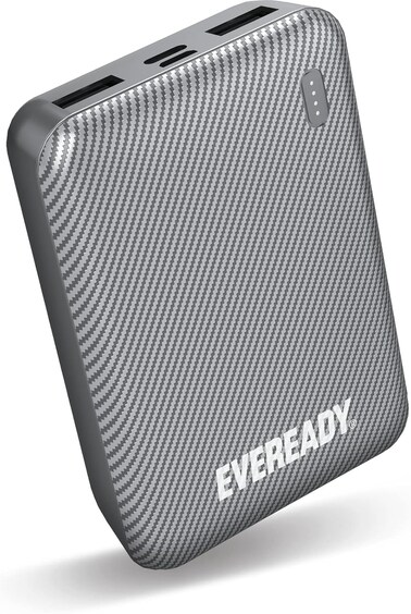 Energizer Eveready Fast Charger Portable Power Bank Mini 10000mAh, Compact Battery With Charge Indicator, 1X USB-C, 1X Micro USB, 2X USB-A, For Apple iPhone, iPad, Airpods, Android, Samsung, Silver