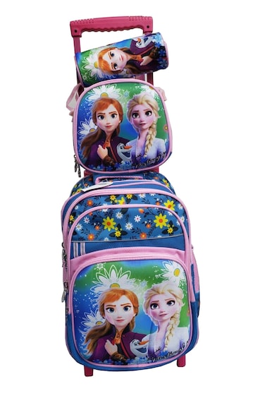 Cartoon Printed Kids School Trolley Backpack Set, 3 Pieces, 16.5 Inch Rolling Bag Lunch Box Pencil Case.Ligh Green Princess