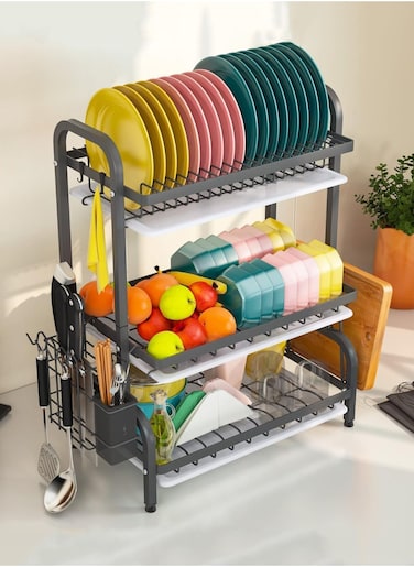 Dish Drying Stand, Dish Rack,3-Tier Dish Rack with Drain Trays Kitchen Accessories Organizer, Large Capacity Kitchen Rack with Utensil and Cutting