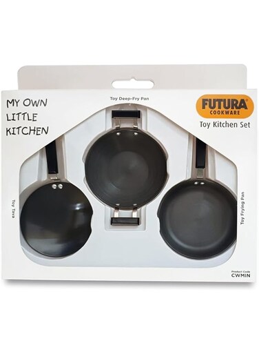 Hawkins Futura Cookware 3 Pieces Toy Kitchen Set - Toy Deep-Fry Pan, Toy Frying Pan, Toy Tava for Kids, Black (CWMIN)