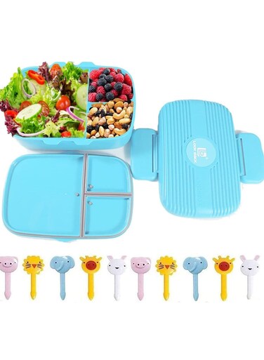 Box with Mini Fruit Fork, 850 ML Kids School Daycare Bento Bento Box with Cutlery, Leak Proof, 3 Compartment Lunch Container (Blue)