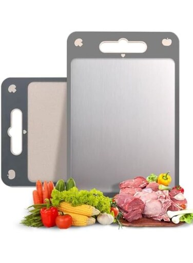 Double-Sided Cutting Board - Food-Grade Stainless Steel &amp; Natural Wheat Straw, Large Durable and Food-Safe Surface, Easy-to-Clean Design for Home and Professional Kitchen Use