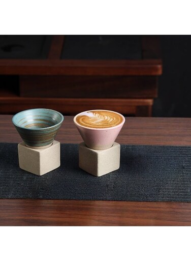 Coarse Pottery Coffee Mug with Base, 200ml Creative Triangular Cone Shape Porcelain Mug, Ceramic Tea Cup for Coffee Tea Latte Milkshake Yogurt (pink+blue)