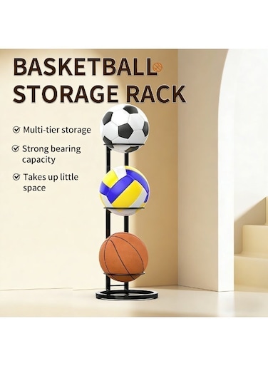 three-tier ball storage rack, soccer ball rack, garage ball storage rack, ball holder, durable display rack, suitable for basketballs, soccer balls and volleyballs, sturdy metal material, suitable for home and garage use.