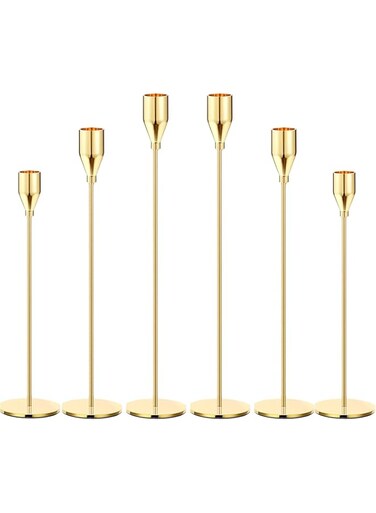 Loiisgy 6Pcs Gold Candle Holders, Tall Candle Holder for Long Candles, Metal Gold Taper Candle Holder for Wedding, Dinning, Party, Decor Centerpieces for Table Manners