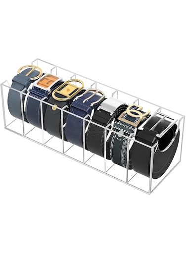 LENND Belt Organizer, Acrylic Belt Storage Holder for The Closet, 7 Compartments Display Case for Tie and Bow Tie