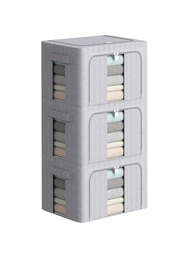 U-HOOME 3 Pcs Clothes Storage Organizer Bins 66 L,Foldable Frame Storage Box With Clear Window &amp; Carry Handles,Stackable Linen Fabric Organizer Bedroom Closet Organization for Bedding, Clothe (Grey)