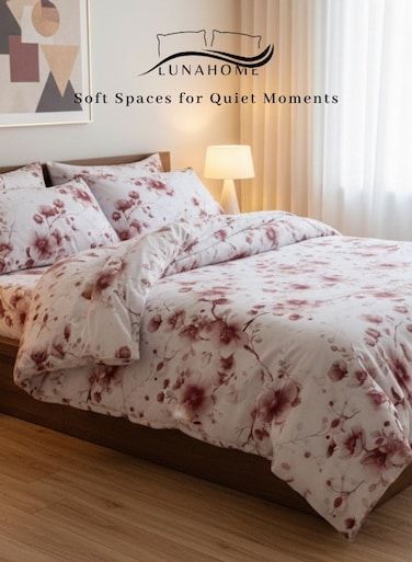Home King size 6-piece set ( 1 Duvet cover - 220*240cm. 1 Fitted sheet - 200*200cm+30cm. 4 Pillow covers - 50*75cm.) This duvet cover set ( suitable for cover comforter same size. Bedding set featuring a Sakura Dusty Pink print on a white background.