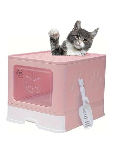 PURE EXPRESS Large Cat Litter Box with Lid - Big Closed Tray, Easy to Clean, Perfect for Cats &amp; Kittens - Top Scoop, Ultimate Comfort House (Pink)
