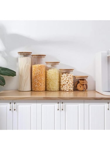 Mash 5-Piece Food Storage Round Glass Jar With Airtight Bamboo Lids (1X500 ML, 1X750 ML, 1X950 ML, 1X1250 ML, And 1X1800 ML) For Cereals, Pasta, Tea, Coffee, Snacks, Spices Transparent