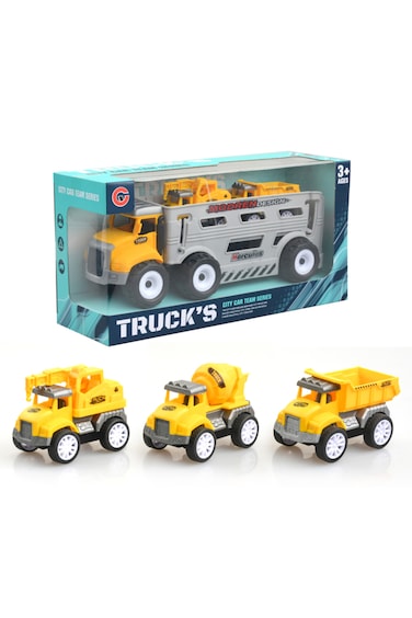 Kikibebe Friction Truck Set &ndash; 2 Random Style Pull-Back Engineering Vehicles With Inertial Drive &ndash; Interactive Educational Toy &ndash; Grey &amp; Yellow