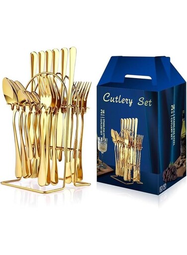 Silverware Set,Tableware,24 Piece Flatware Set With Stand,Stainless Steel Kitchen Utensils Set for 6,Mirror Polished Cutlery Set,Spoon and Fork Set Knife Silverware(Gold)