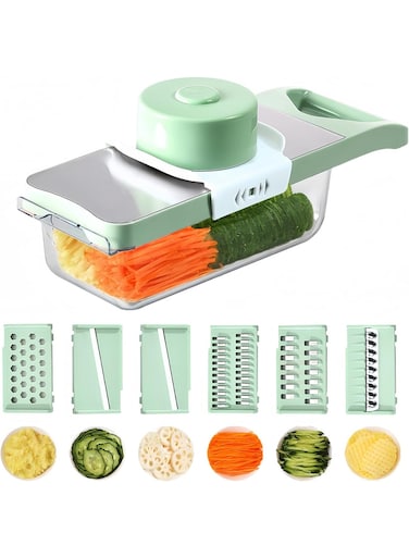 Chopper, Mandoline Food Slicer Cutter with Handheld Container, 6 Blades and Blade Box, Cucumber Slicer, Magnetic Kitchen Tools for Veggie Potato Onion Butter Carrot (Green, 8 in 1)