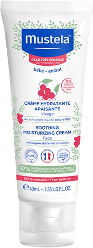 كريم موستيلا المرطب والمهدئ للأطفال - مرطب للوجه للبشرة الحساسة جدًا - بخلاصة الأفوكادو الطبيعي وتوت شيزاندرا - خالٍ من العطور - 40 مل
