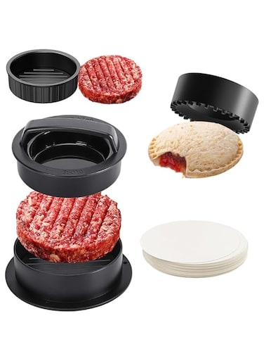 Duomama 4-in-1 Burger Press Patty Maker Slider   Stuffed Burgers Sandwich Cutter   Meat Beef Veggie Patty Mold with 100 Wax Disc Papers   Easy to Use and Clean   Ideal for BBQs and Parties