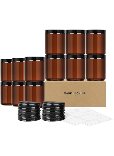 SKYLINK 8oz Amber Glass Jars with Plastic &amp; Metal Lids, 12 Pack Airtight Empty Candle Jars, Small Mason Jars for Food Storage, Spices, Honey, Candy, DIY Candles, and Crafts