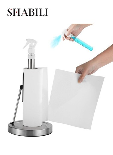 Stainless Steel Standing Paper Towel Holder for Home Kitchen Cleaning, Stable Weighted Base with Built in Spray Bottle, Towel Roll Stand Organizer Tissue Holder Roll Holder Paper Roll Holder (Silver)
