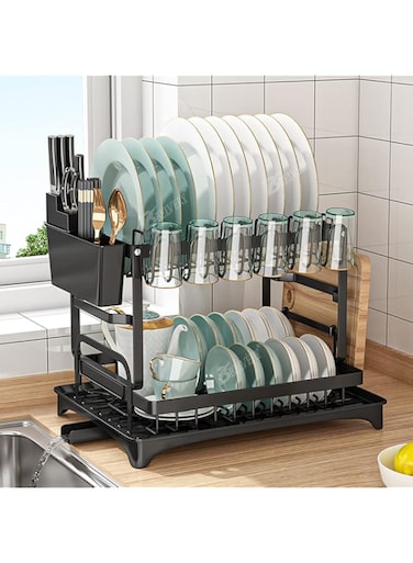 Belvery Foldable 2 Tiers Dish Drying Stand With Rotatable Drainage System Large Kitchen Dish Rack Scratch Resistant Frosted Baking Process Coatings, Black
