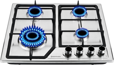 Westpoint 60Cm 4 Burner Countertop Gas Hob with Auto Ignition, Cast Iron Support, Full Safety Features, Straight Flame, Stainless Steel Body, Enamabled Burners - WGUJ-6640GIF