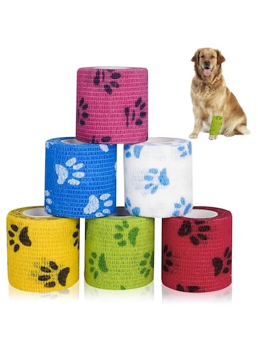 BIGTHREE Pet Vet Wrap Self-Adhesive Bandage, 6 Rolls Pet Vet Wrap for Dogs, Self-Adhesive Bandages for Dogs, Cohesive Pet Bandage, Non-Woven Elastic Breathable Bandage Tape for Dogs, Cats