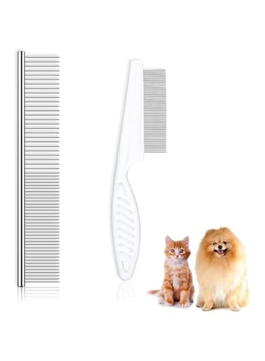 Pets Grooming Comb Kit, 2 Pack Flea Lice Comb, 2-in-1 Stainless Steel Dog Cat Grooming Combs with Rounded Teeth, Professional Pet Tear Stain Remover, Dematting Tool for Small, Medium and Large Pets
