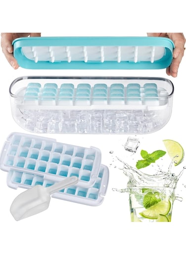 Press Type 48-Ice Cube Tray Quickly Ice Cubes Release Plastic Stackable Maker Mold with Ice Container Scoop and Lid for Freezer Drinks Tea Coffee (Blue)