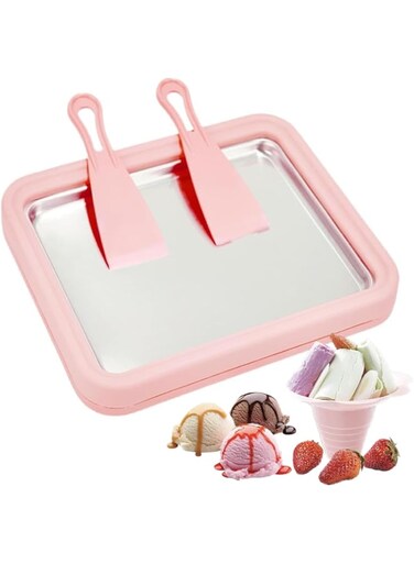 Wtrtr Ice Cream Roller Maker，Ice Cream Roll Dessert at Home，Ice Plate Ice Cream Roller Plate Anti-Griddle Pan with 2 Spatulas Easy Homemade Rolled Ice Cream, Frozen Treat Maker (Big Pink)