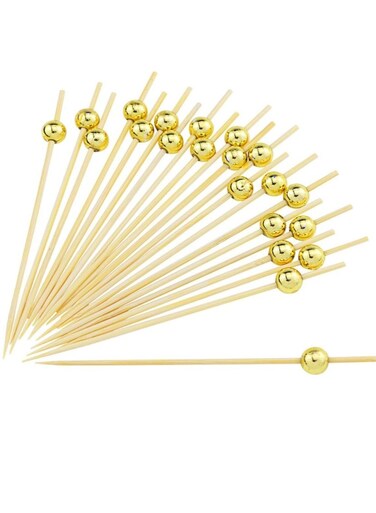 100 Pieces 4.7 Inches Gold Pearl Fruit Sticks,Handmade Cake snack Picks Sticks Wooden Toothpicks