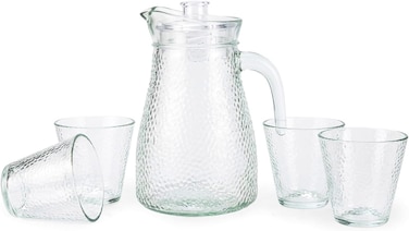 Cuisine Art Premium 5-Piece Hammered Glass Water Carafe &amp; Tumbler Set &ndash; 1.2L Glass Pitcher with Lid and Four 220ml Drinking Glasses &ndash; Glassware for Juice, Water &amp; Mocktails &ndash; Lead-Free Crystal Clear Finish