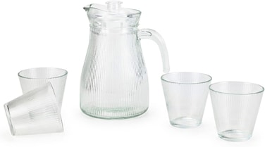 Cuisine Art Modern 5-Piece Ribbed Glass Water Jug &amp; Tumbler Set &ndash; 1.2L Fluted Glass Pitcher with Lid and Four 220ml Ribbed Drinking Glasses &ndash; Glassware for Water, Juice &amp; Iced Tea &ndash; Lead-Free Premium Finish