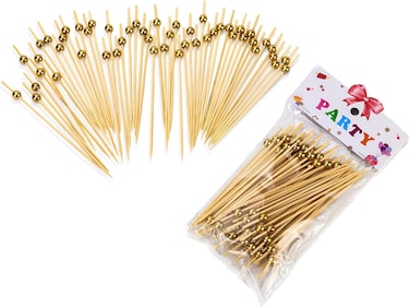 Cuisine Art Premium Gold Bead Bamboo Cocktail Picks &ndash; 50-Piece Elegant Party Food Skewers &ndash; 12cm Decorative Serving Toothpicks for Appetizers, Finger Foods, Charcuterie &amp; Garnishing