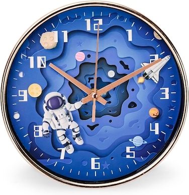 Cuisine Art Astronaut Wall Clock &ndash; Silent Non-Ticking Sweep Movement &ndash; 3D Astro Space Character Design for Kids &amp; Nursery &ndash; 20cm Round Decorative Timepiece
