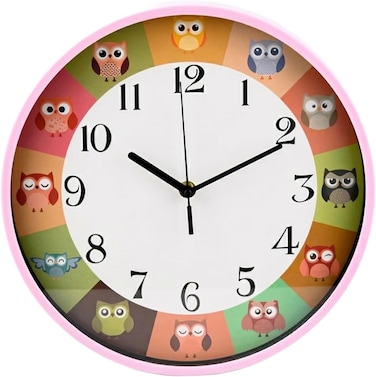 Cuisine Art 30cm Kids Owl Wall Clock &ndash; Silent Non-Ticking Sweep Movement &ndash; Large 12-Inch Face for Nursery, Kids Room &amp; Classroom &ndash; with Easy-to-Read Numerals - Pink Frame