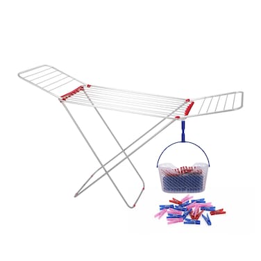 Cuisine Art 18M Aluminium Cloth Dryer with Iron Legs, Blue/Red (Assorted) &amp; Basket with 90 Plastic Pegs   Foldable Clothes Drying Stand   Size 175&times;55&times;110 cm for Home &amp; Balcony