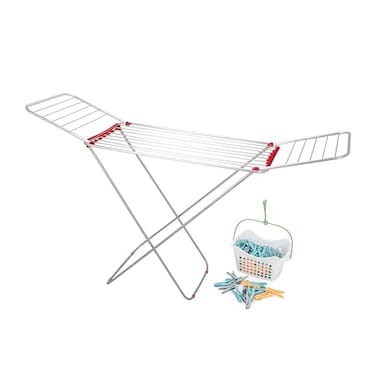 Cuisine Art 18M Aluminium Cloth Dryer with Iron Legs, Blue/Red (Assorted) &amp; Basket with 90 Plastic Pegs   Foldable Clothes Drying Stand   Size 175&times;55&times;110 cm for Home &amp; Balcony